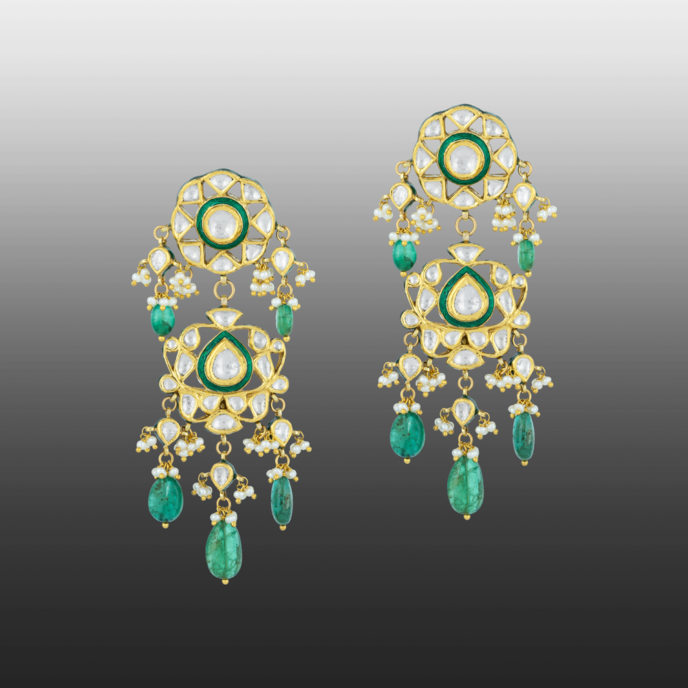 Polki Earrings with Green Enamel, Emeralds & Pearl Bunches